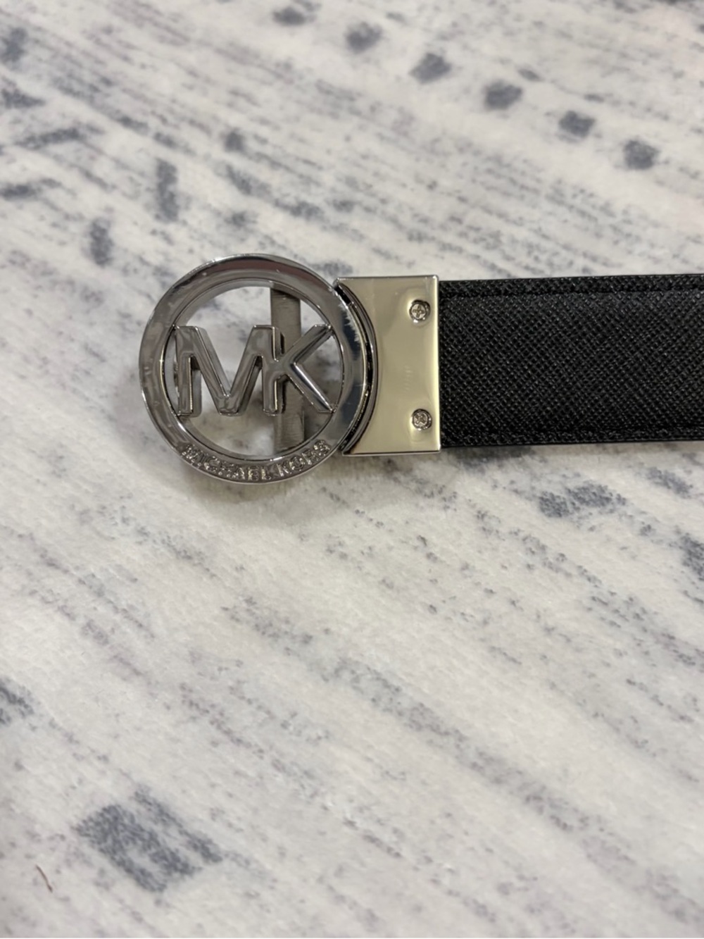 Michael Kors MK Logo Belt Black Silver Buckle Designer Minimalist Mobwife - Picture 2 of 9